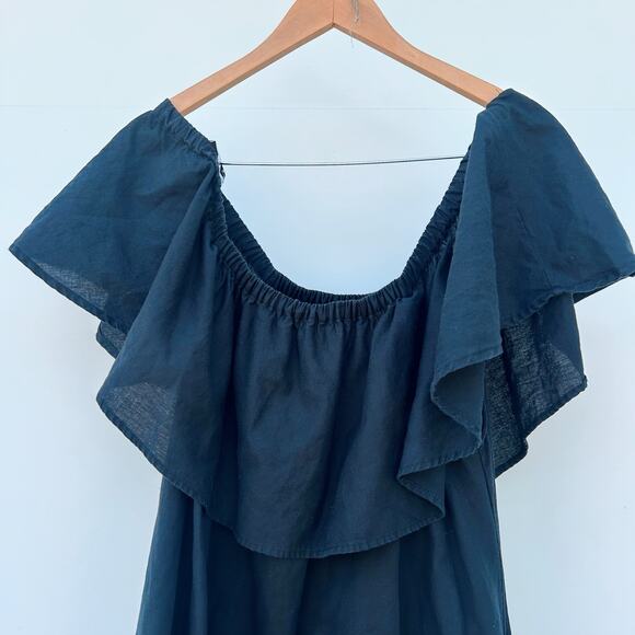 Anine Bing Off The Shoulder Ruffle Cotton Linen Short Mini Dress Small Black - Picture 3 of 8